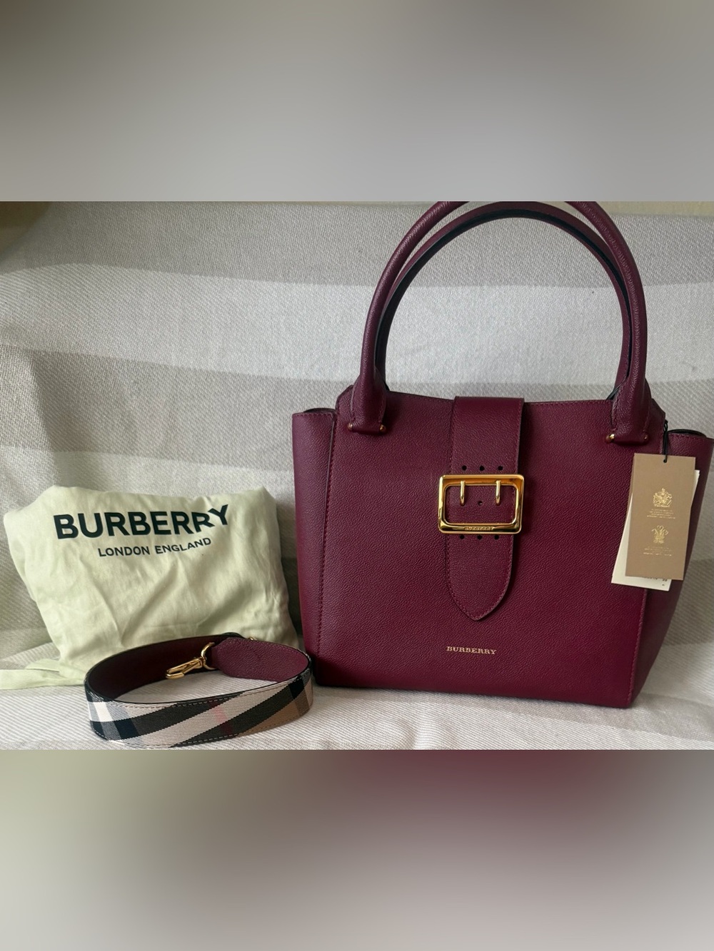 Burberry Burgundy Leather Top-Handle Satchel with Check Strap - Picture 2 of 12